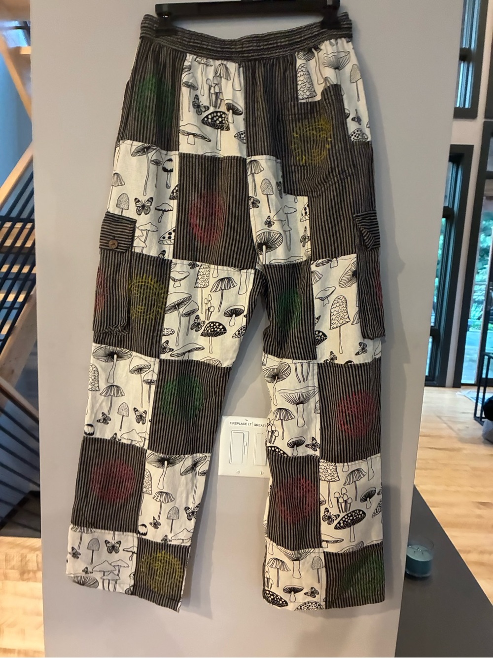 Patchwork Black & White Mushroom Print Womens Pants. XL